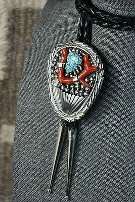 Navajo Turquoise, Coral & Sterling Silver Bolo Tie - Mary Spencer - High Lonesome Trading