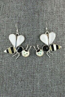 Zuni Mother of Pearl and Onyx Honeybee Sterling Silver Earrings - Angus Ahiyite - High Lonesome Trading