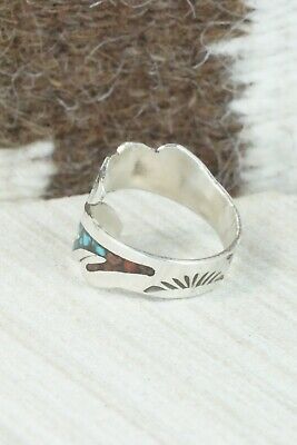 Turquoise, Coral & Sterling Silver Ring - Jolene Jazzie - Size 8