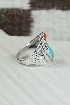 Navajo Turquoise, Coral & Sterling Silver Ring - Jeanette Saunders - Size 9.5