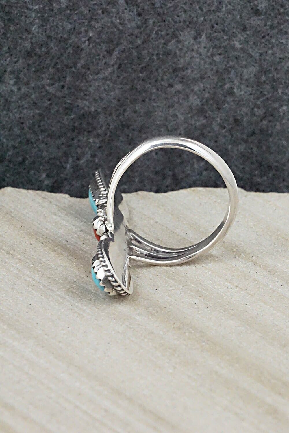 Turquoise, Coral & Sterling Silver Ring - Andrew Vandever - Size 8.5