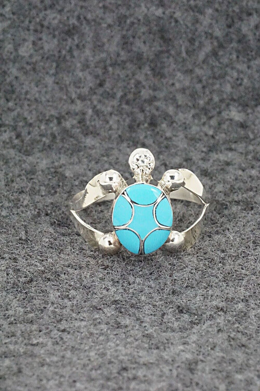 Turquoise & Sterling Silver Inlay Ring - Amielda Peynetsa - Size 8.5