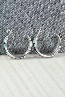 Multi Stone Inlay & Sterling Silver Hoop Earrings - Delberta Boone - High Lonesome Trading