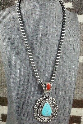 Turquoise, Coral Pendant & Sterling Silver Necklace - Tom Lewis