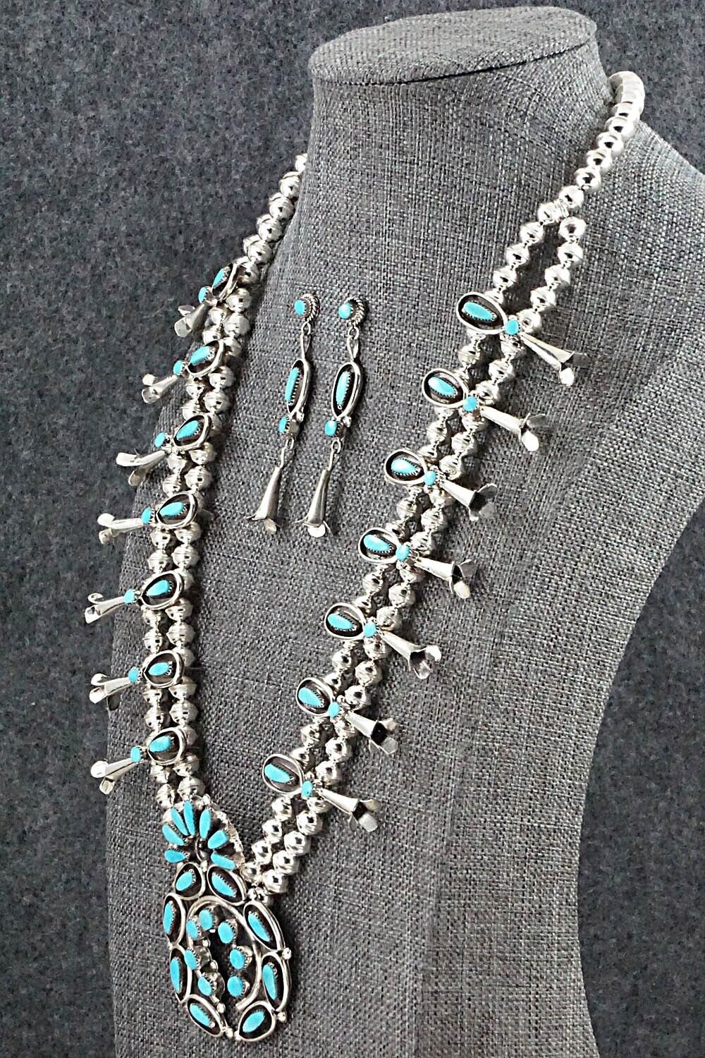 Turquoise & Sterling Silver Squash Blossom and Earrings - Vie Bobelu