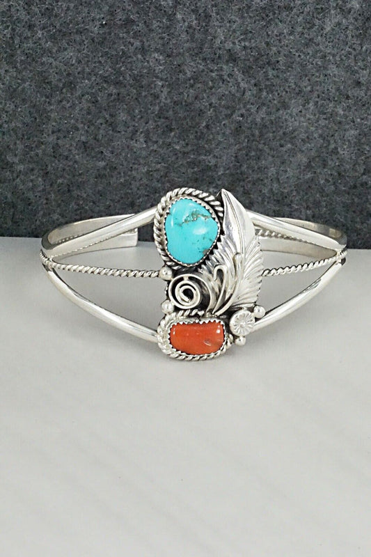 Turquoise, Coral and Sterling Silver Bracelet - Leonard Spencer