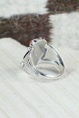 Navajo Turquoise, Coral & Sterling Silver Ring - Jeanette Saunders - Size 9