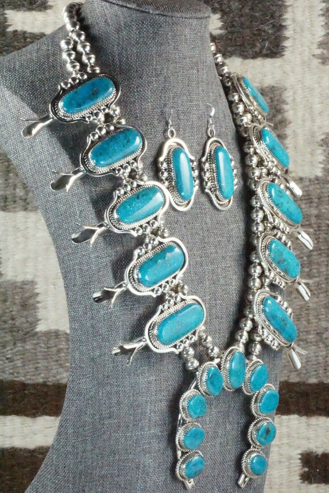 Turquoise & Sterling Silver Squash Blossom Necklace and Earrings - Leslie Nez