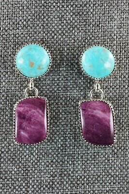 Navajo Turquoise & Spiny Oyster Sterling Silver Earrings - Alvin Joe