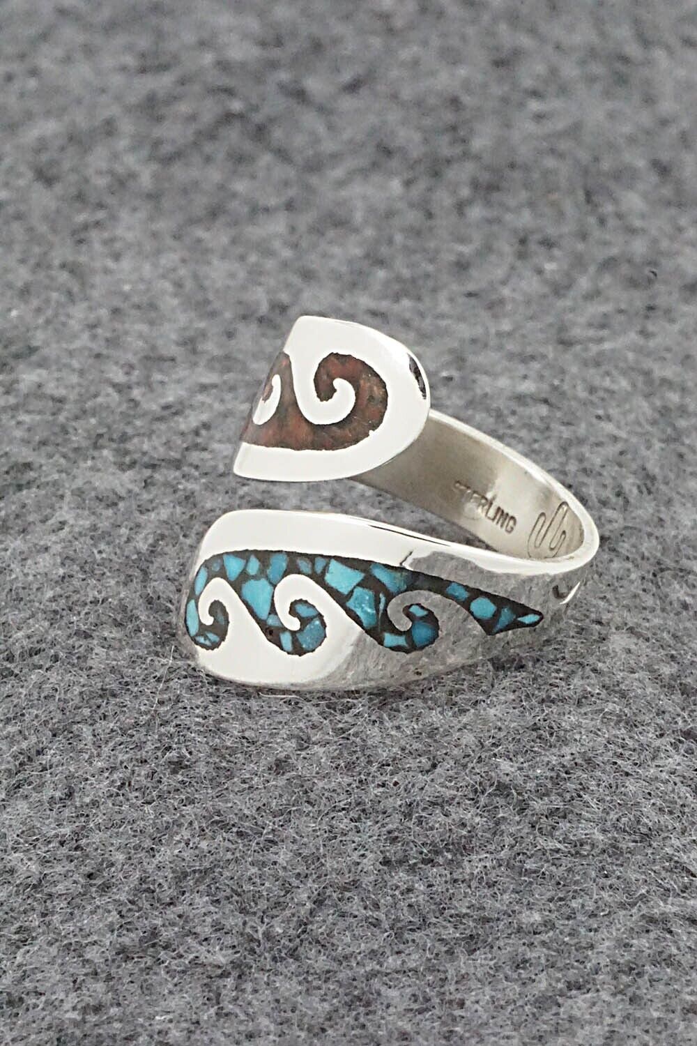 Turquoise, Coral & Sterling Silver Ring - Jolene Yazzie - Size 9