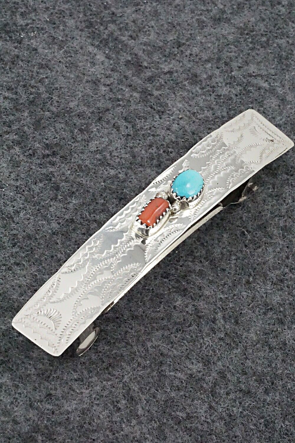 Turquoise, Coral & Sterling Silver Hair Barrette - Sally Arviso