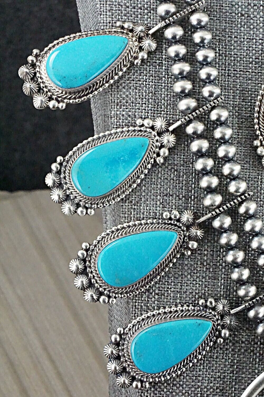 Turquoise, Coral & Sterling Silver Squash Blossom Set - Tom Lewis