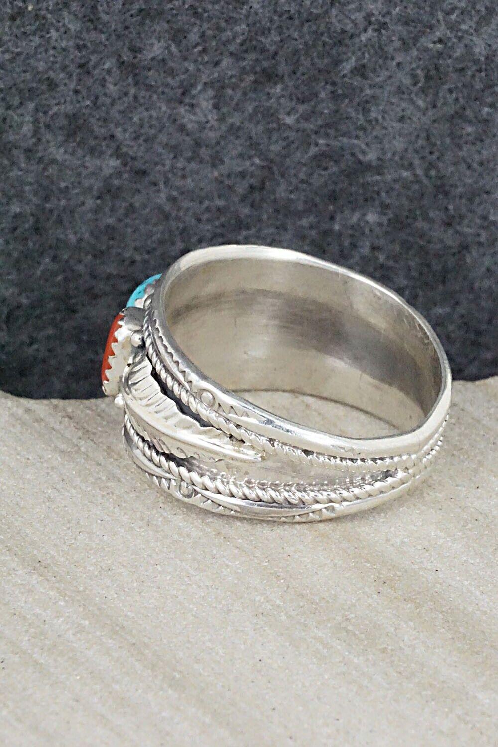Turquoise, Coral and Sterling Silver Ring - Betty Begay - Size 13.5