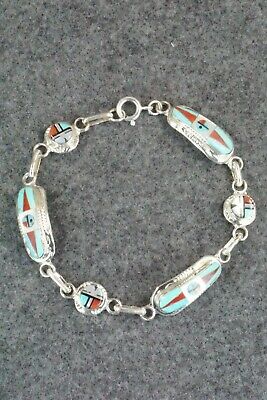 Turquoise, Coral & Sterling Silver Link Bracelet - Patty Edaakie