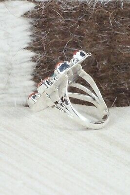 Turquoise & Coral Sterling Silver Ring - Roberta Begay - Size 6.25