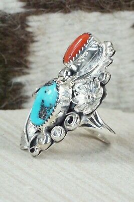 Turquoise, Coral & Sterling Silver Ring - Harry Yazzie - Size 7.5
