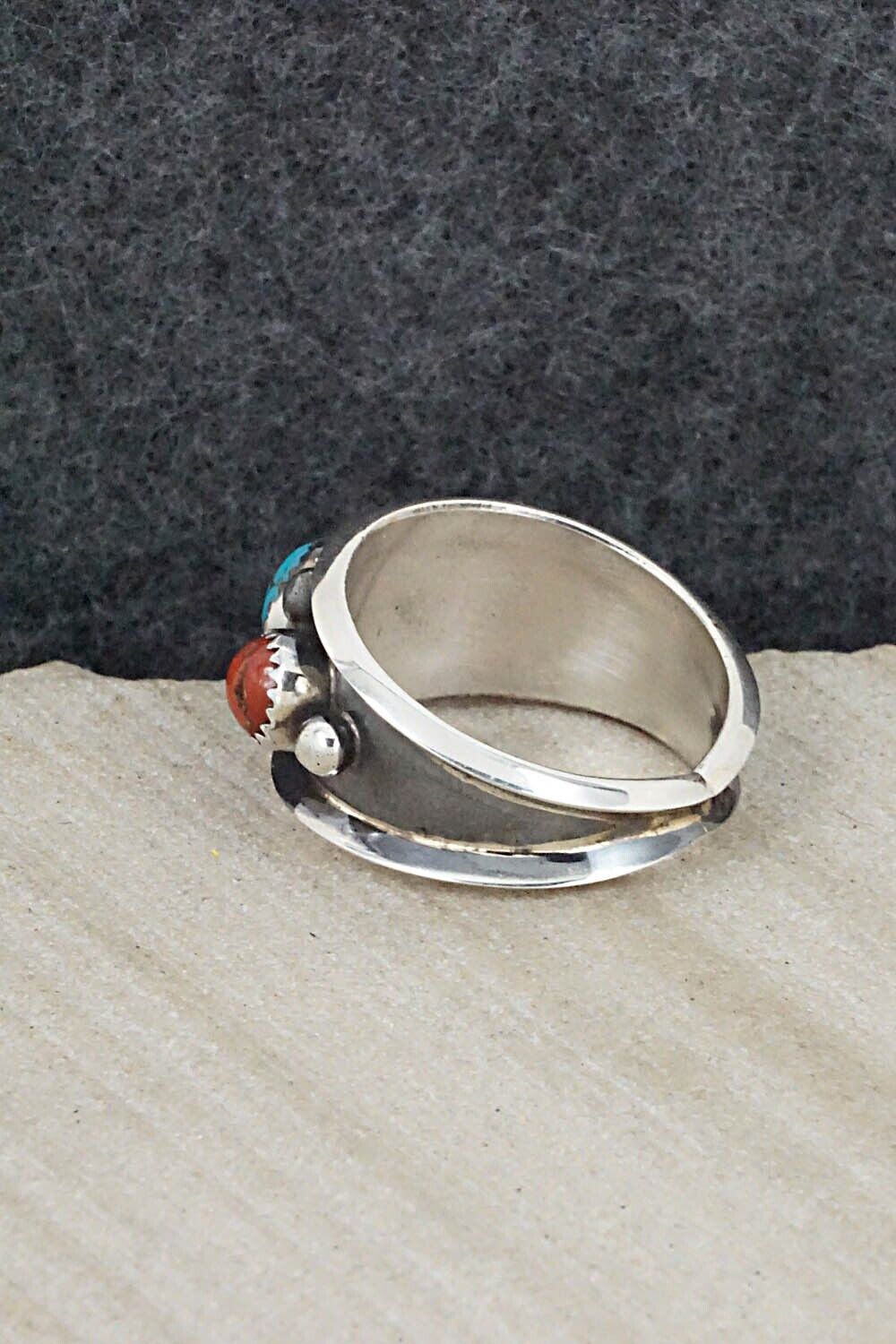 Turquoise, Coral & Sterling Silver Ring - Paul Largo - Size 9