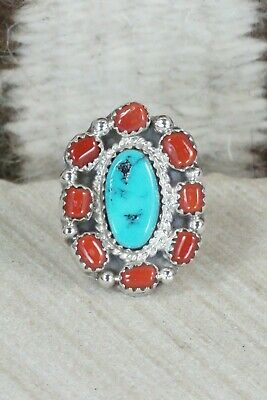 Turquoise & Coral Sterling Silver Ring - Roberta Begay - Size 5.5