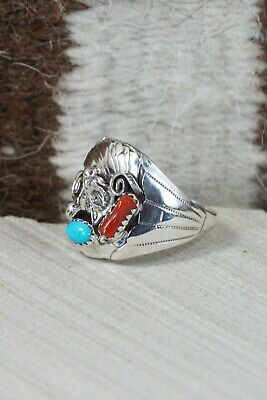 Navajo Turquoise, Coral & Sterling Silver Ring - Grace Smith - Size 12