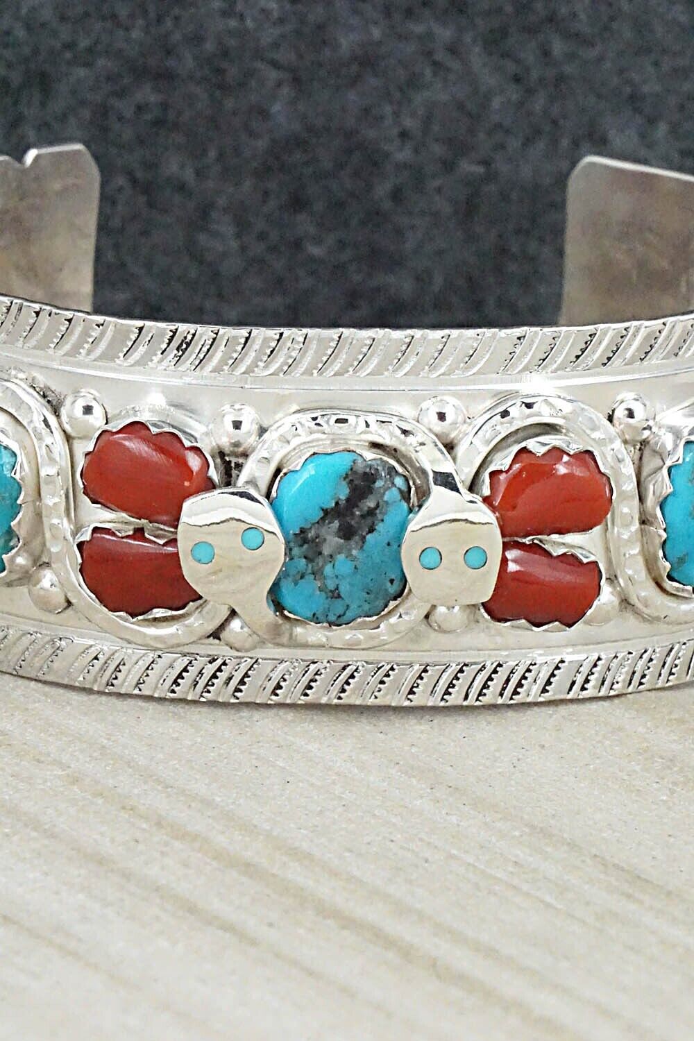 Turquoise, Coral & Sterling Silver Bracelet - Joy Calavaza