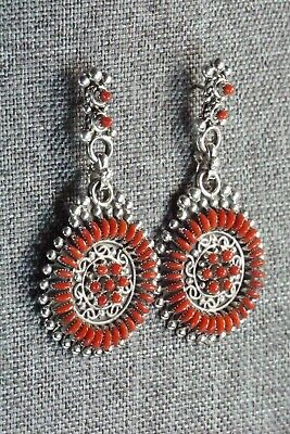 Coral & Sterling Silver Earrings - Connie Wyaco - Zuni