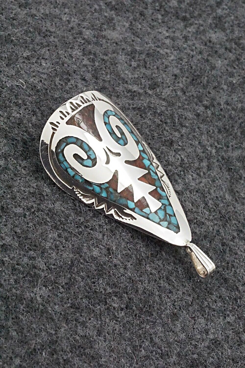 Turquoise, Coral and Sterling Silver Pendant - Jolene Yazzie