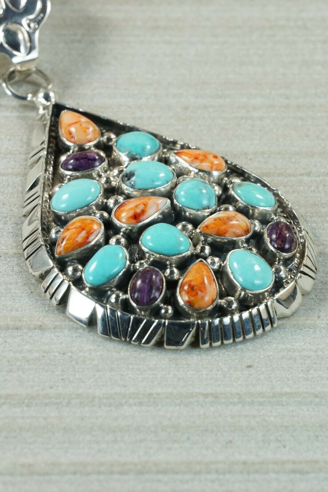 Navajo Turquoise, Spiny Oyster and Sterling Silver Pendant - Raymond Delgarito