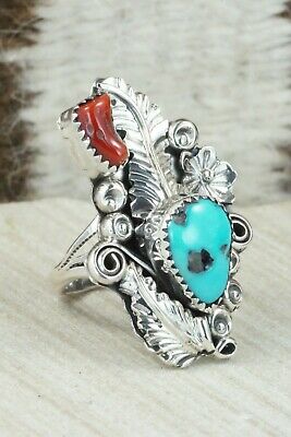 Turquoise, Coral & Sterling Silver Ring - Harry Yazzie - Size 7.5