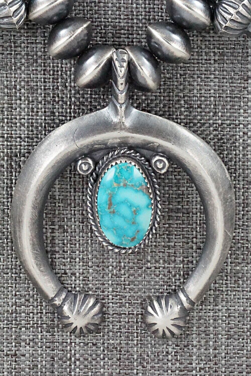 Turquoise & Sterling Silver Navajo Pearl Squash Blossom Necklace - Presley Haley