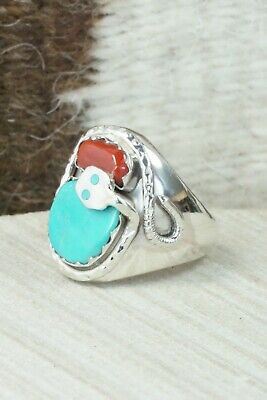 Turquoise, Coral & Sterling Silver Ring - Joy Calabaza - Size 10