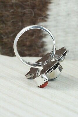 Turquoise, Coral & Sterling Silver Ring - Harry Yazzie - Size 7.5