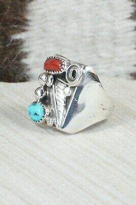 Turquoise, Coral and Sterling Silver Ring - Wilbur Myers - Size 9