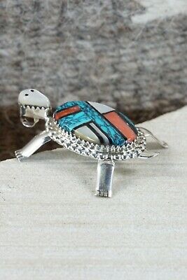 Zuni Inlay Turquoise, Mother of Pearl and Coral Turtle Pendant - Wayne Haloo