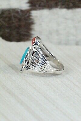 Navajo Turquoise, Coral & Sterling Silver Ring - Jeanette Saunders - Size 9.5