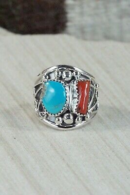 Turquoise, Coral & Sterling Silver Ring - Jeanette Saunders - Size 10