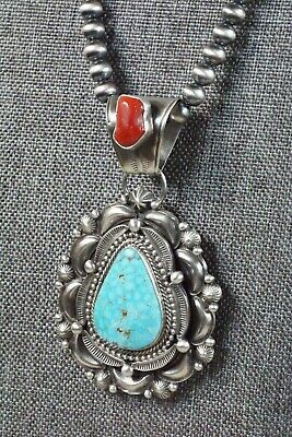 Turquoise, Coral Pendant & Sterling Silver Necklace - Tom Lewis