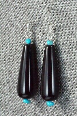 Onyx, Turquoise & Sterling Silver Earrings - Navajo