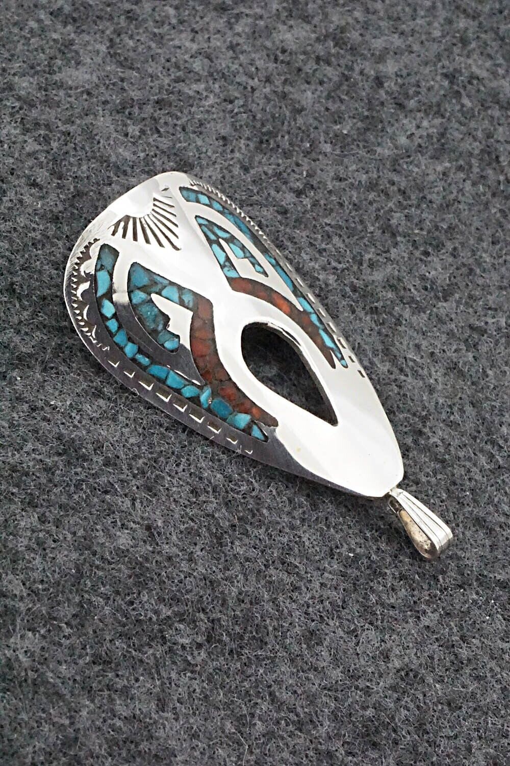 Turquoise, Coral and Sterling Silver Pendant - Jolene Yazzie