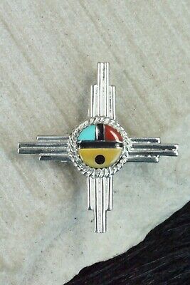 Turquoise, Coral & Sterling Silver Sun Face Pendant/ Pin - Elvira Kiyite