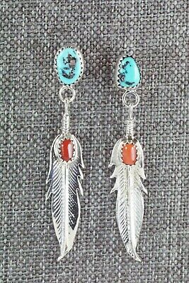 Navajo Turquoise, Coral & Sterling Silver Earrings - Annie Spencer