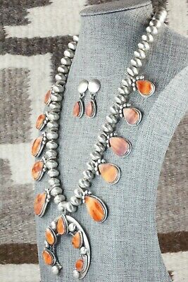 Spiny Oyster & Sterling Silver Squash Blossom and Earrings - Selina Warner