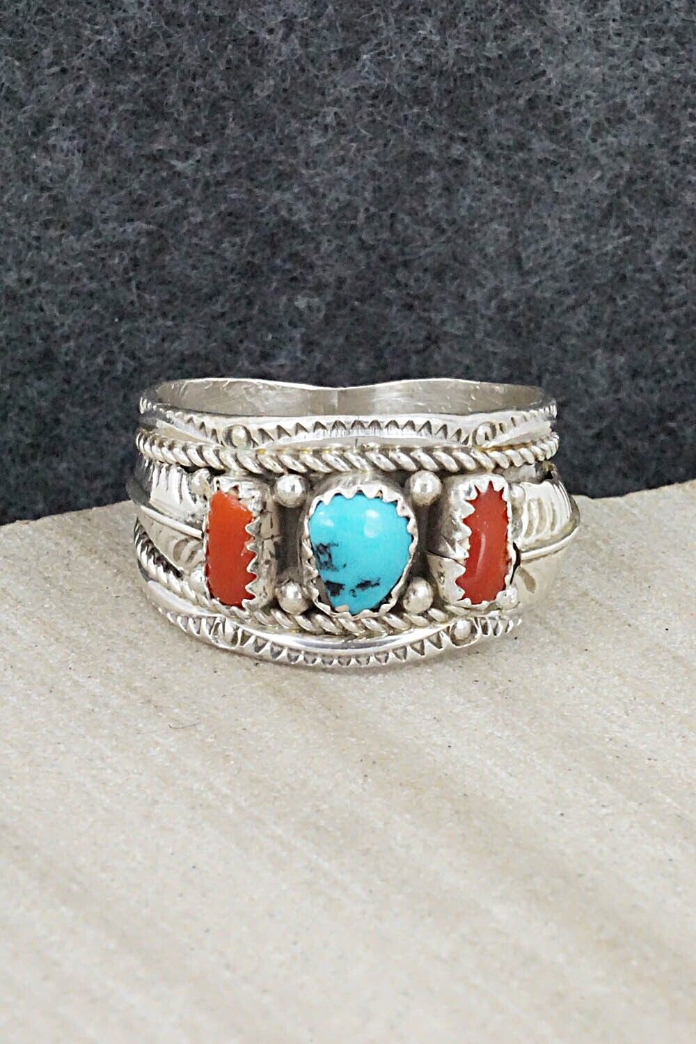 Turquoise, Coral and Sterling Silver Ring - Betty Begay - Size 11.75