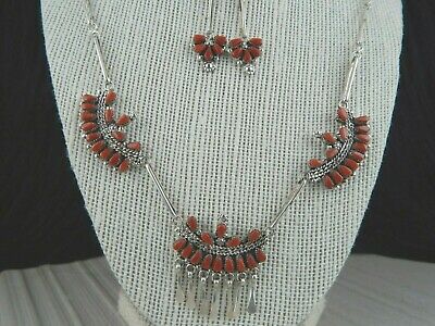 Zuni Coral & Sterling Silver Necklace and Earring Set - Florine Beyuka - Zuni - High Lonesome Trading