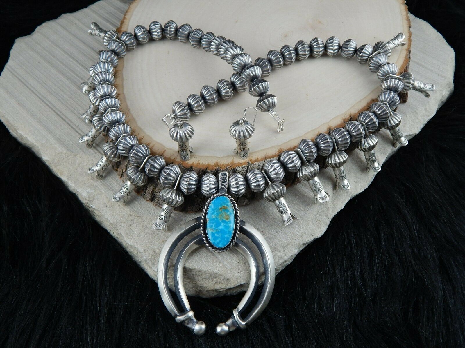 Turquoise & Sterling Silver - Navajo Squash Blossom & Earrings - Chris Hale - High Lonesome Trading
