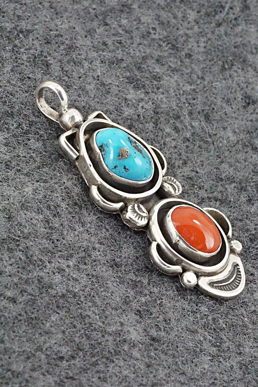 Turquoise, Coral & Sterling Silver Pendant - Roger Lewis