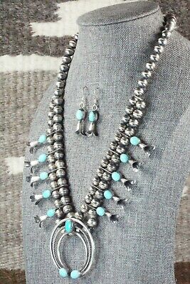 Turquoise & Sterling Silver Squash Blossom and Earrings - Leon Kirlie