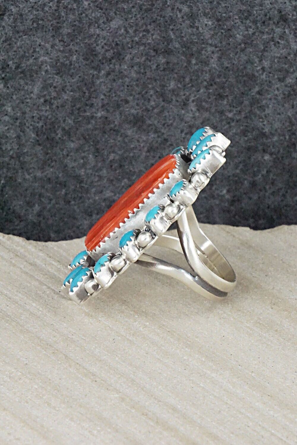 Turquoise, Spiny Oyster & Sterling Silver Ring - Tom Lewis - Size 7.75