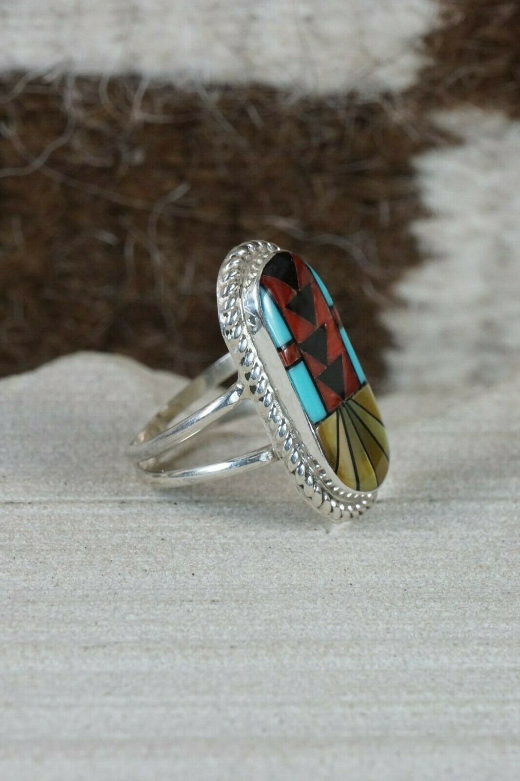 Zuni Inlay Multi- Stone and Sterling Silver Ring - Ola Eriacho - Size 6.25 - High Lonesome Trading