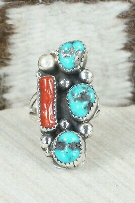 Turquoise & Coral Sterling Silver Ring - Betty House - Size 8.25
