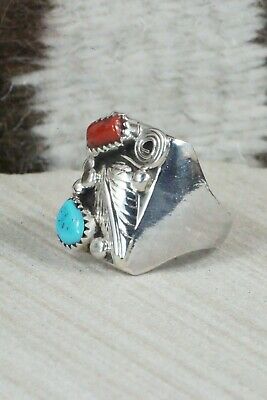Turquoise, Coral and Sterling Silver Ring - Wilbur Myers - Size 9